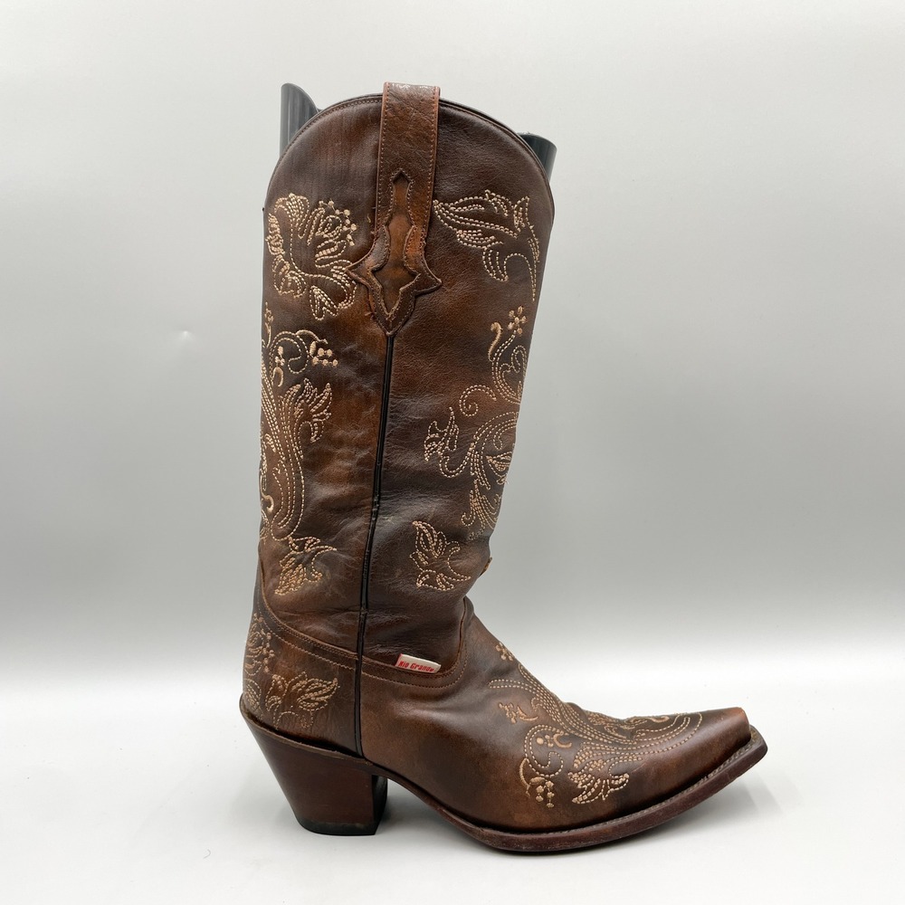 Rio Grande Brown Leather Floral Embroidered Snip Toe Western Cowboy Boots 25.5